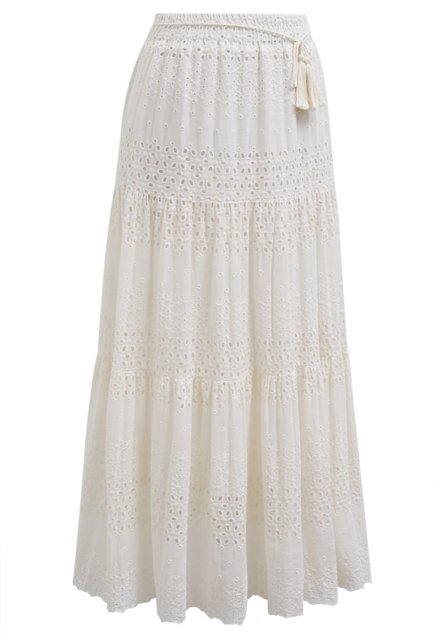 Floret Embroidered Eyelet Cotton Midi Skirt in Cream