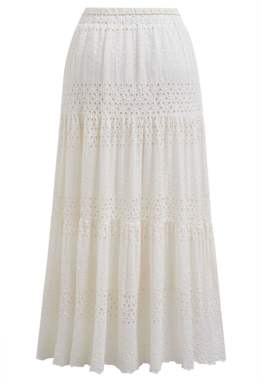 Floret Embroidered Eyelet Cotton Midi Skirt in Cream
