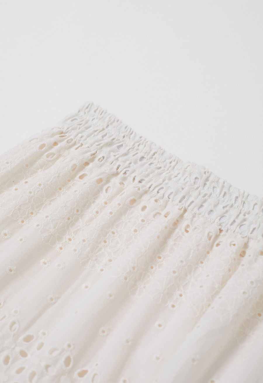 Floret Embroidered Eyelet Cotton Midi Skirt in Cream