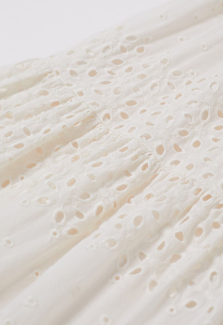 Floret Embroidered Eyelet Cotton Midi Skirt in Cream