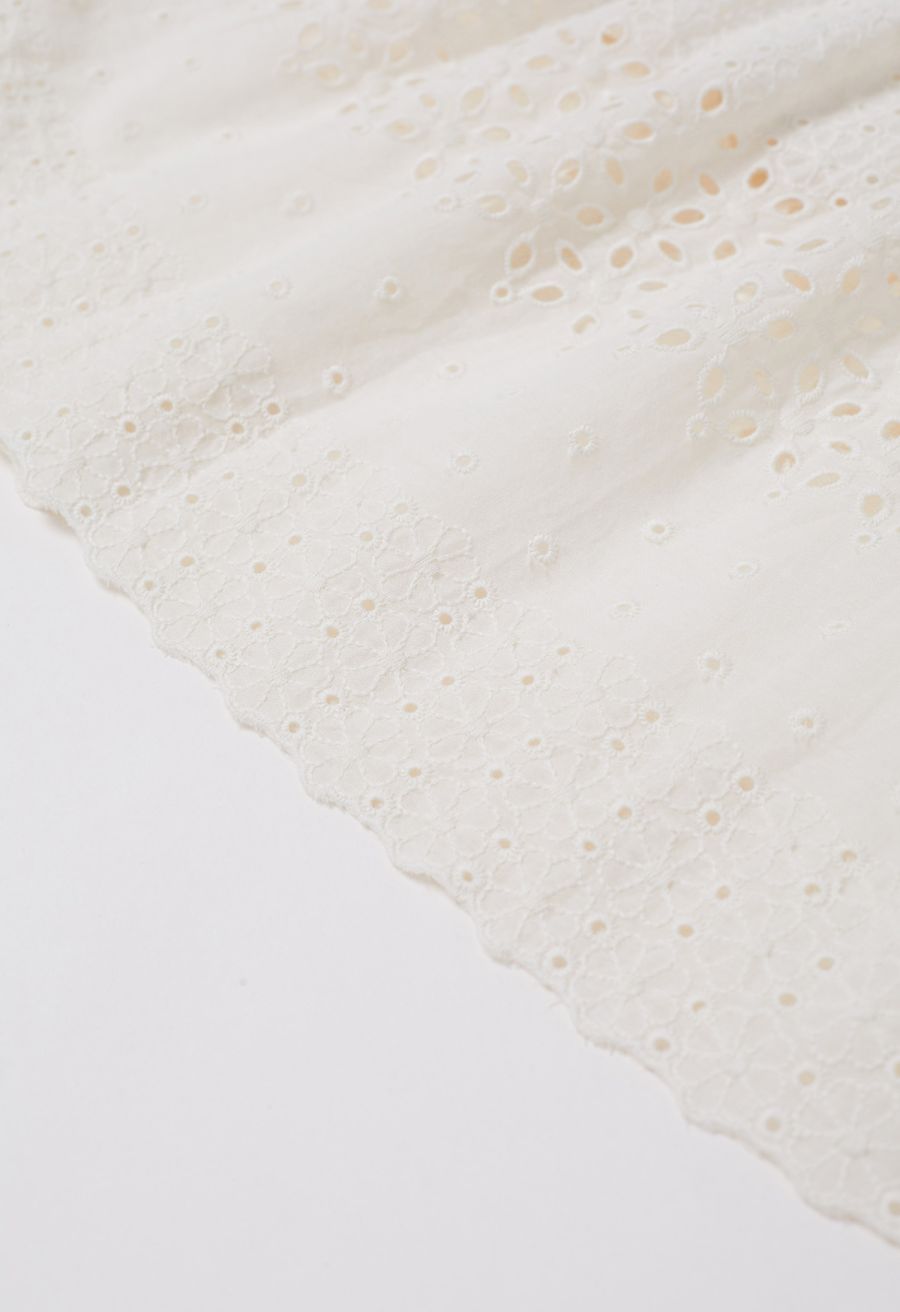 Floret Embroidered Eyelet Cotton Midi Skirt in Cream