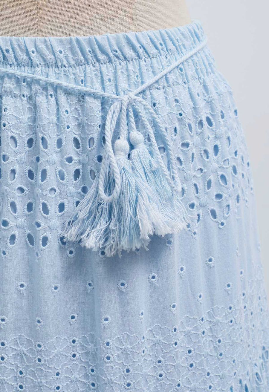 Floret Embroidered Eyelet Cotton Midi Skirt in Light Blue