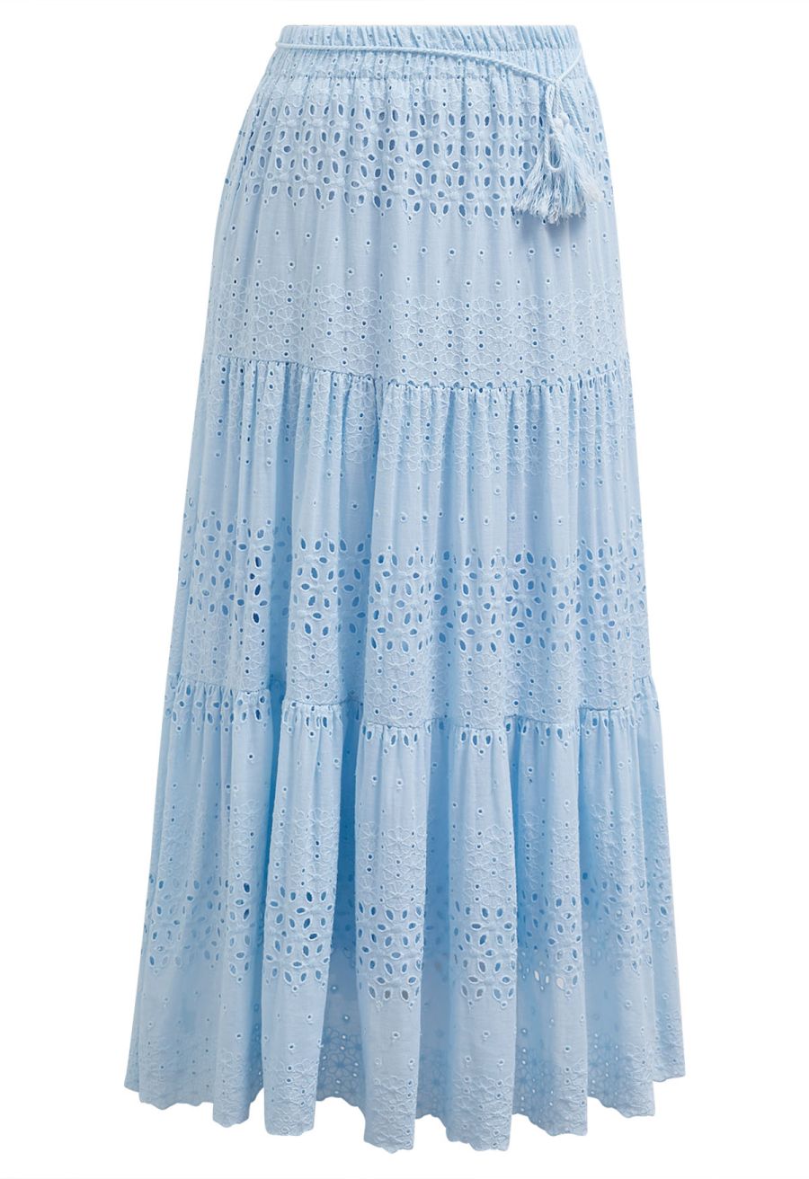 Floret Embroidered Eyelet Cotton Midi Skirt in Light Blue