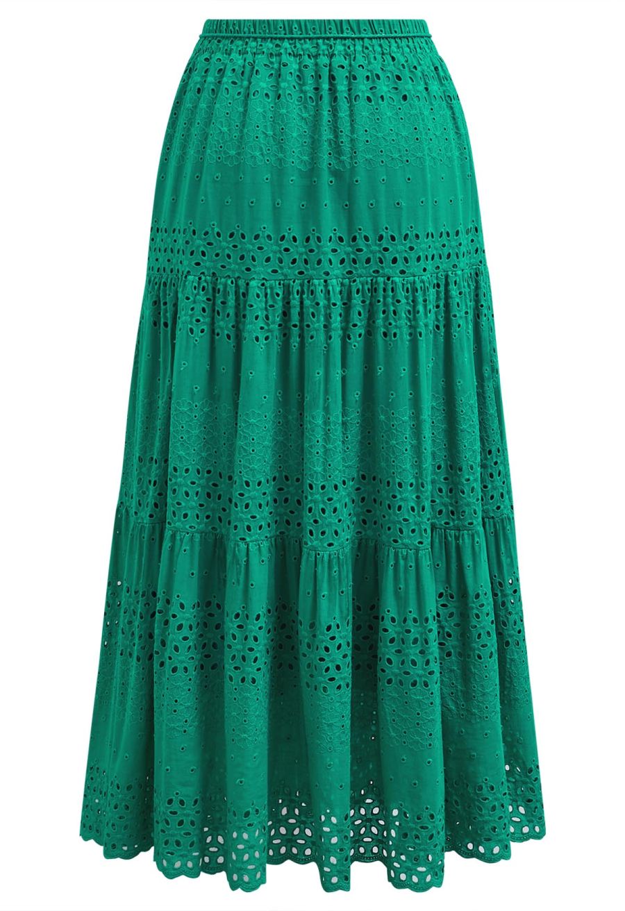 Floret Embroidered Eyelet Cotton Midi Skirt in Dark Green