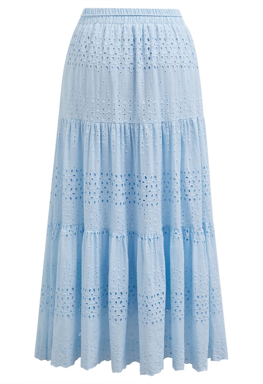 Floret Embroidered Eyelet Cotton Midi Skirt in Light Blue