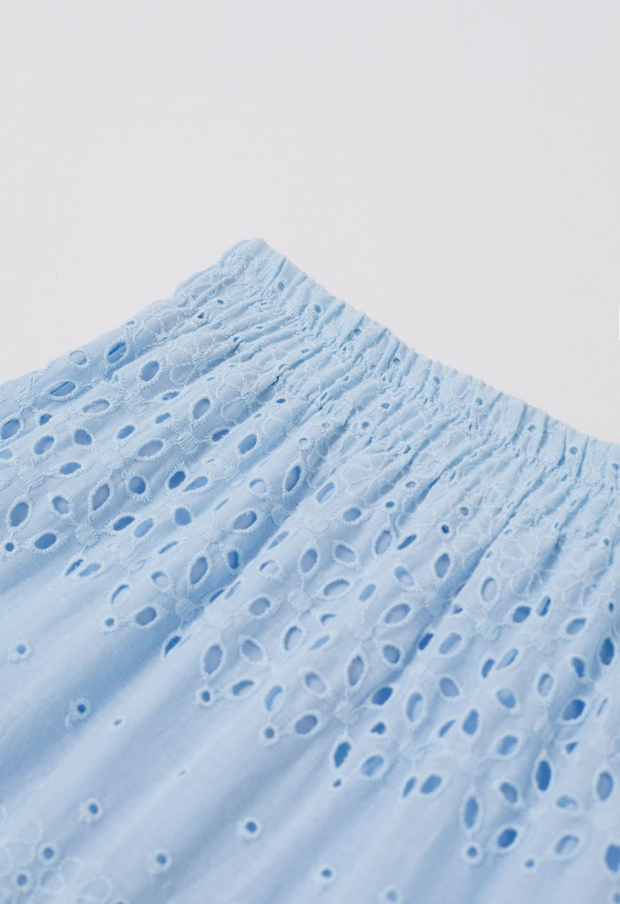 Floret Embroidered Eyelet Cotton Midi Skirt in Light Blue