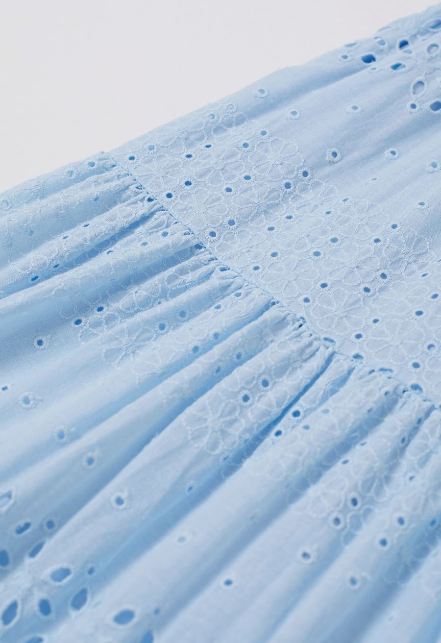 Floret Embroidered Eyelet Cotton Midi Skirt in Light Blue