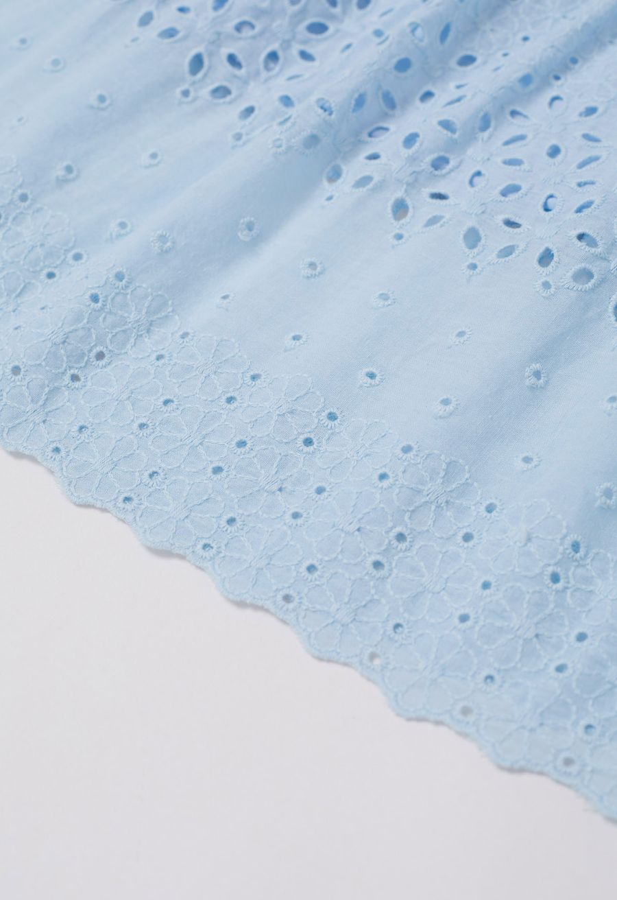 Floret Embroidered Eyelet Cotton Midi Skirt in Light Blue