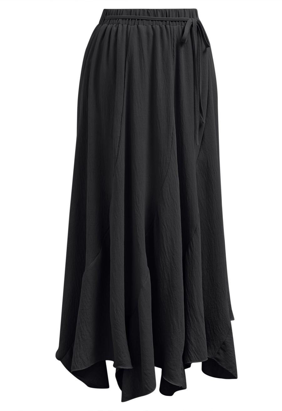 Tie-Waist Panel Asymmetric Midi Skirt in Black