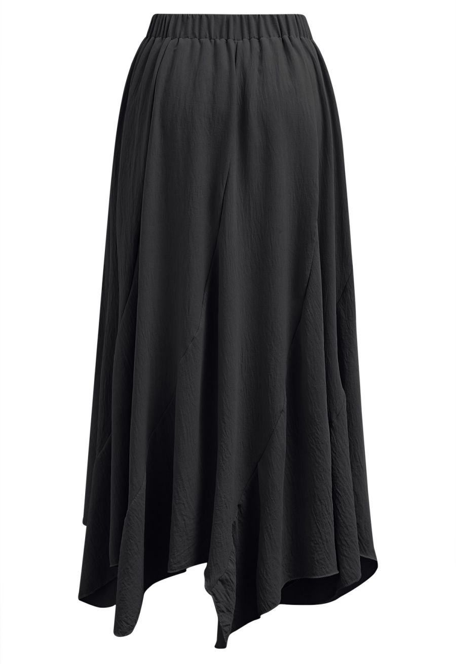 Tie-Waist Panel Asymmetric Midi Skirt in Black