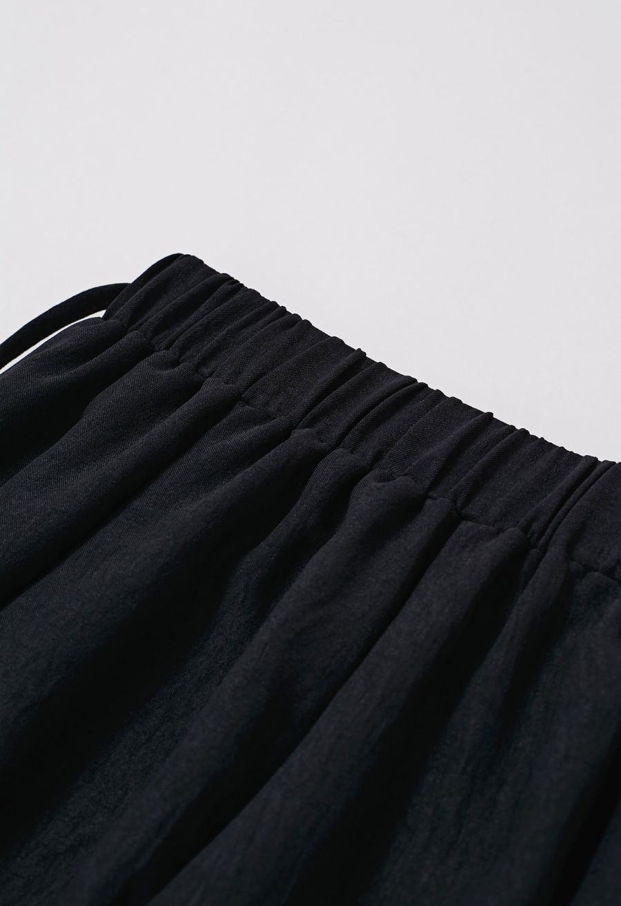 Tie-Waist Panel Asymmetric Midi Skirt in Black
