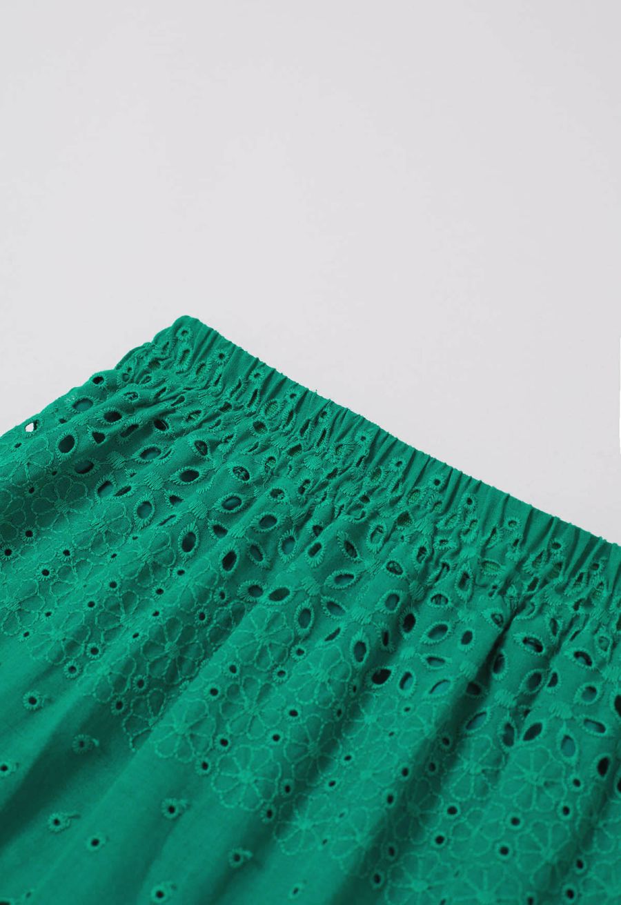 Floret Embroidered Eyelet Cotton Midi Skirt in Dark Green