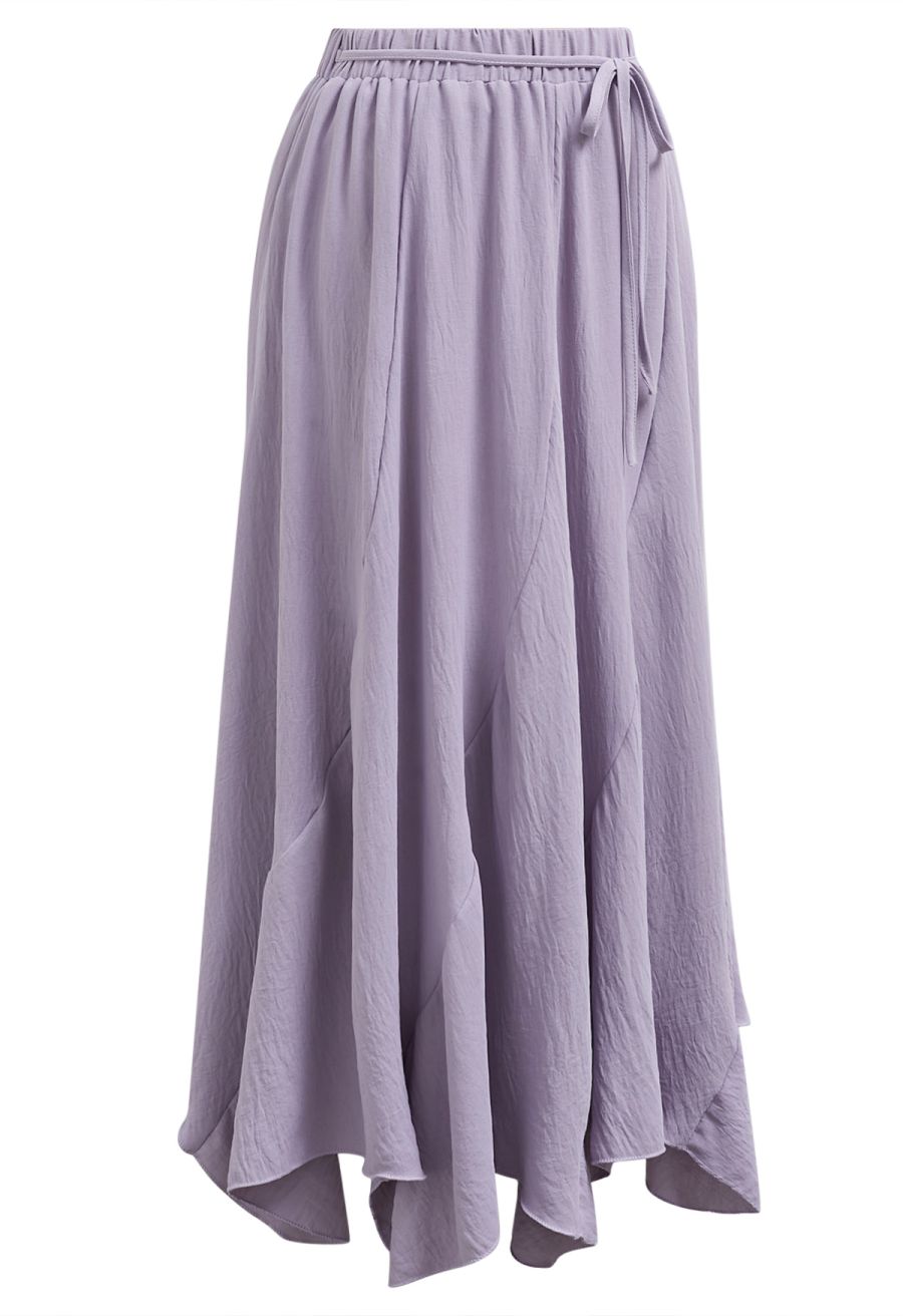 Tie-Waist Panel Asymmetric Midi Skirt in Lilac