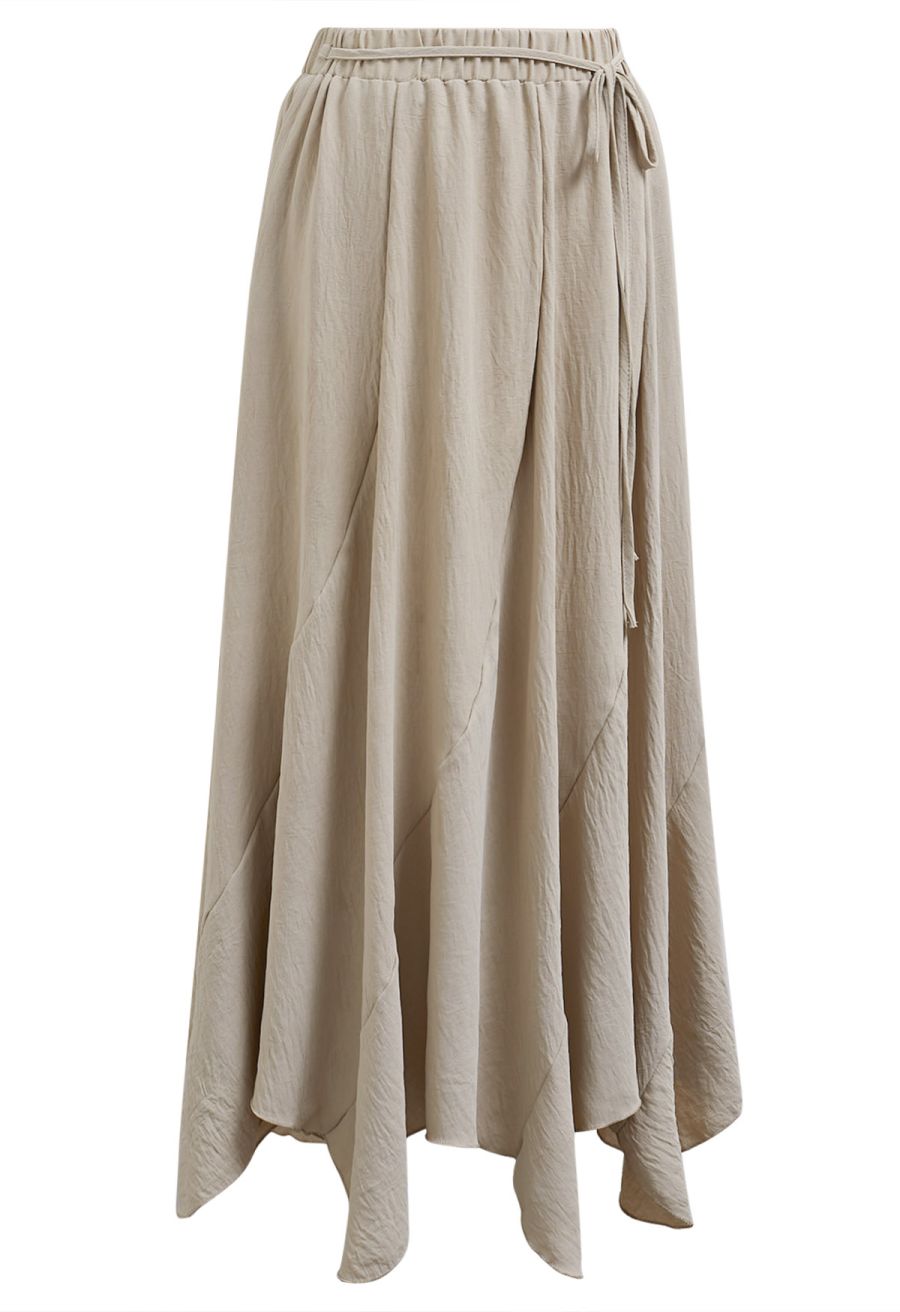 Tie-Waist Panel Asymmetric Midi Skirt in Taupe