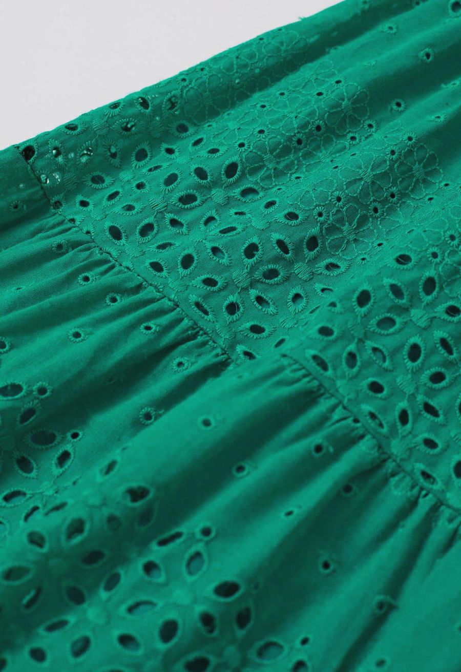 Floret Embroidered Eyelet Cotton Midi Skirt in Dark Green
