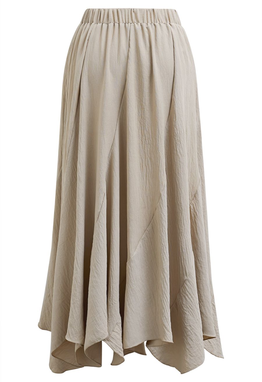Tie-Waist Panel Asymmetric Midi Skirt in Taupe