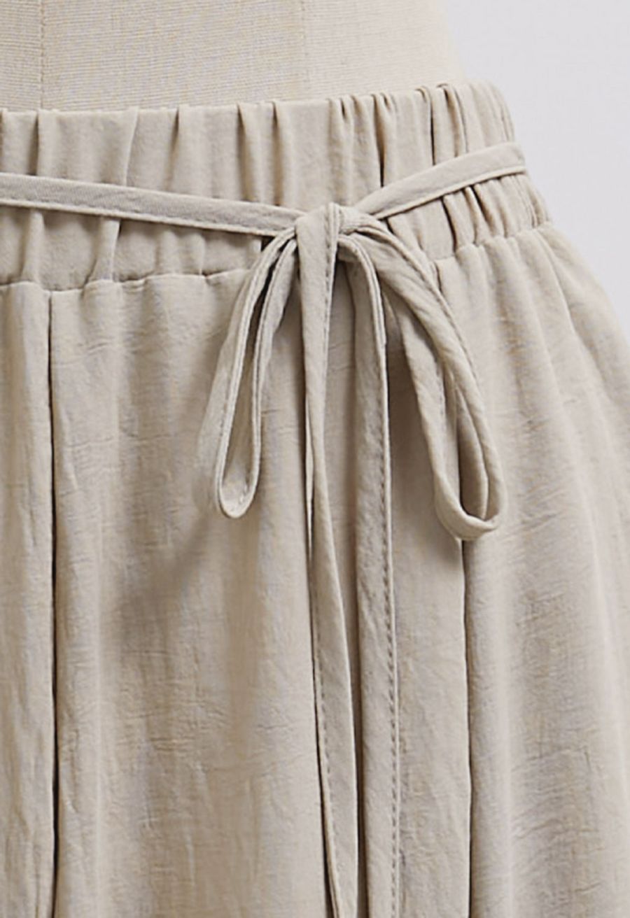 Tie-Waist Panel Asymmetric Midi Skirt in Taupe