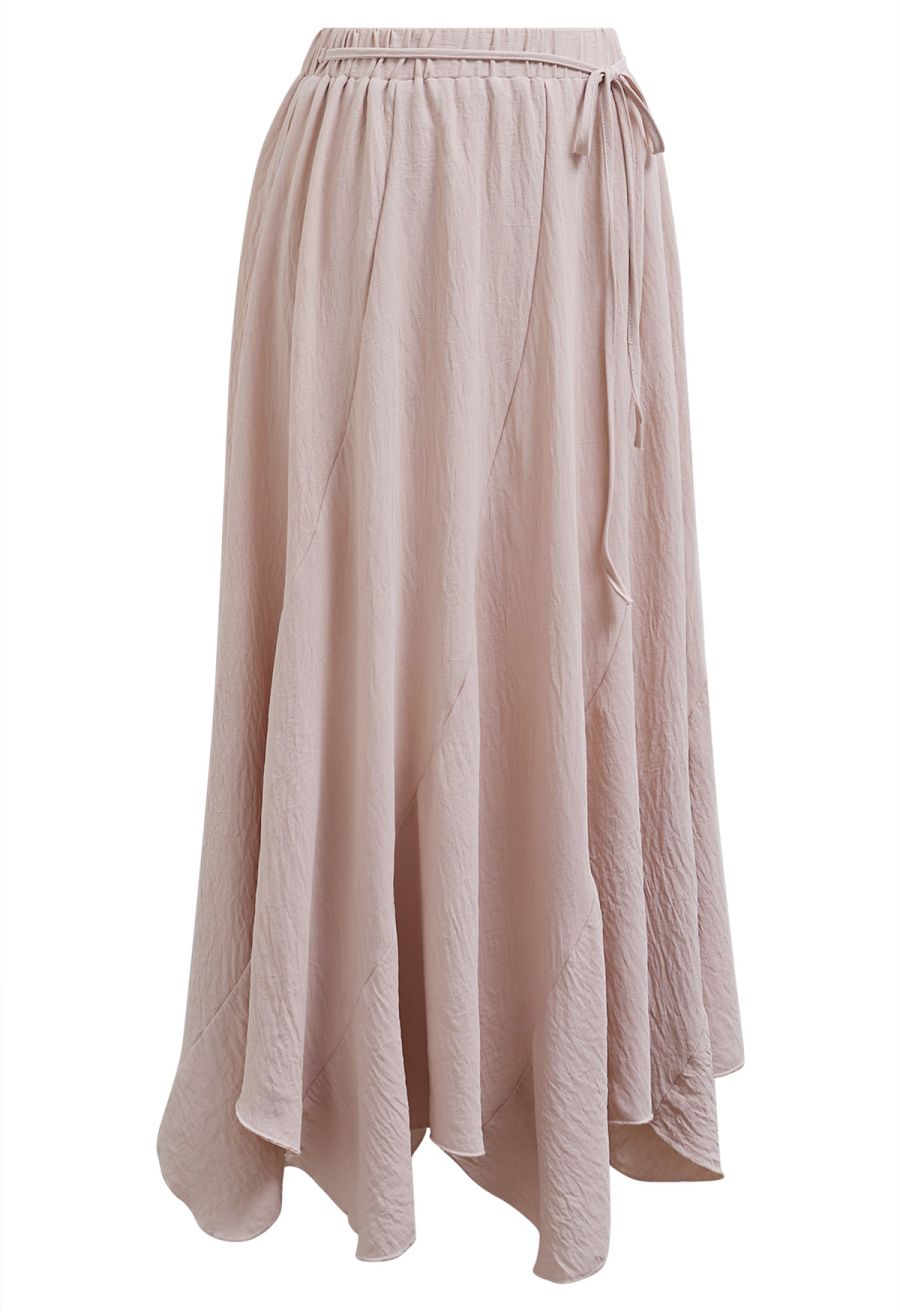 Tie-Waist Panel Asymmetric Midi Skirt in Dusty Pink