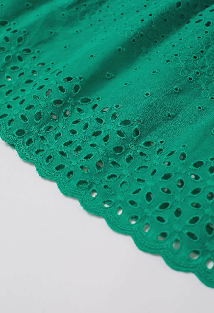 Floret Embroidered Eyelet Cotton Midi Skirt in Dark Green