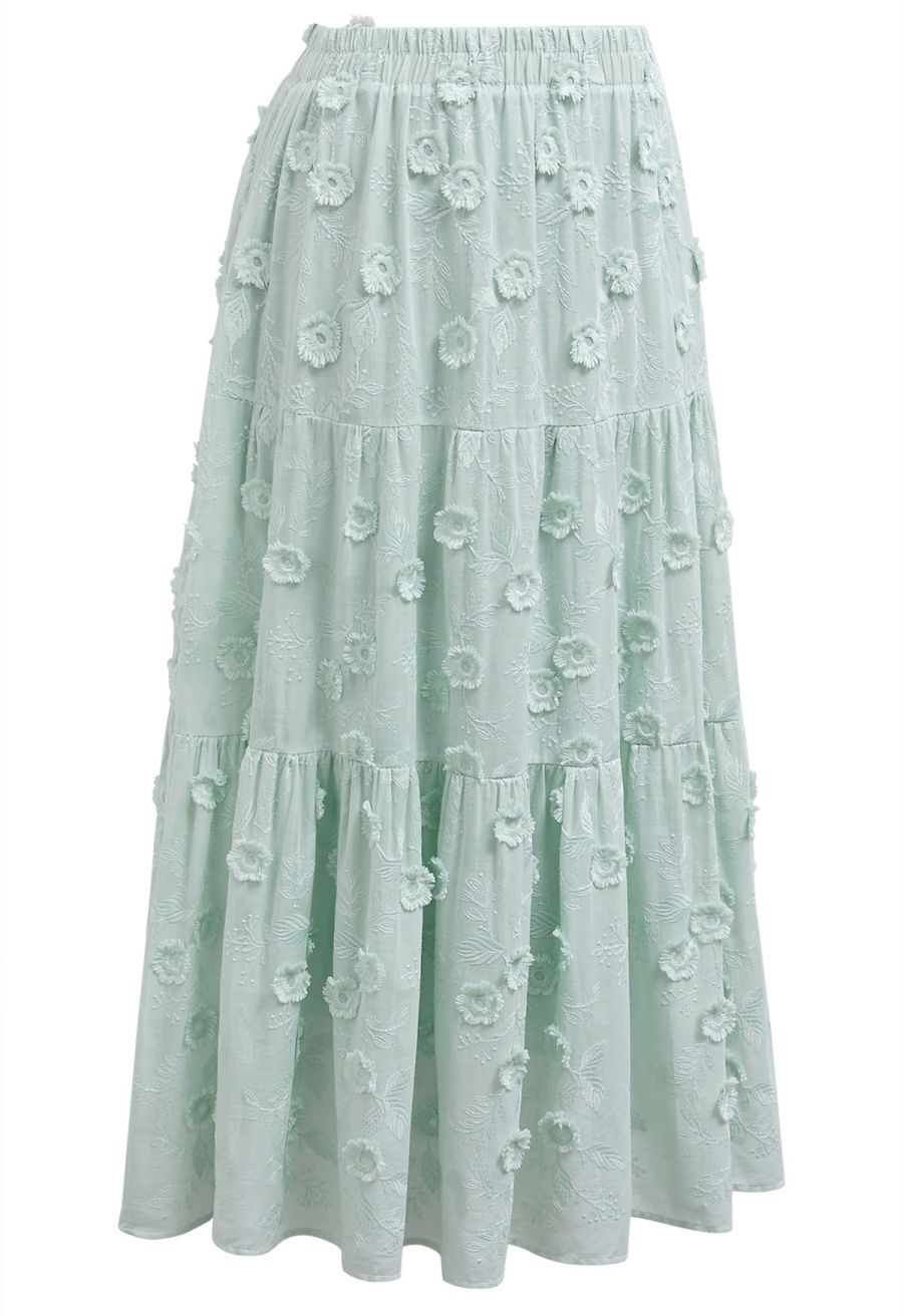 Tasseled Florets Embroidered Midi Skirt in Pea Green