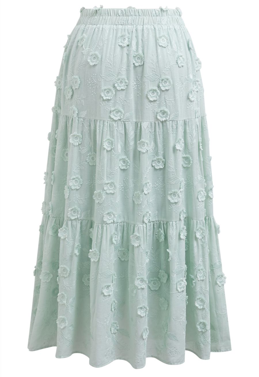 Tasseled Florets Embroidered Midi Skirt in Pea Green