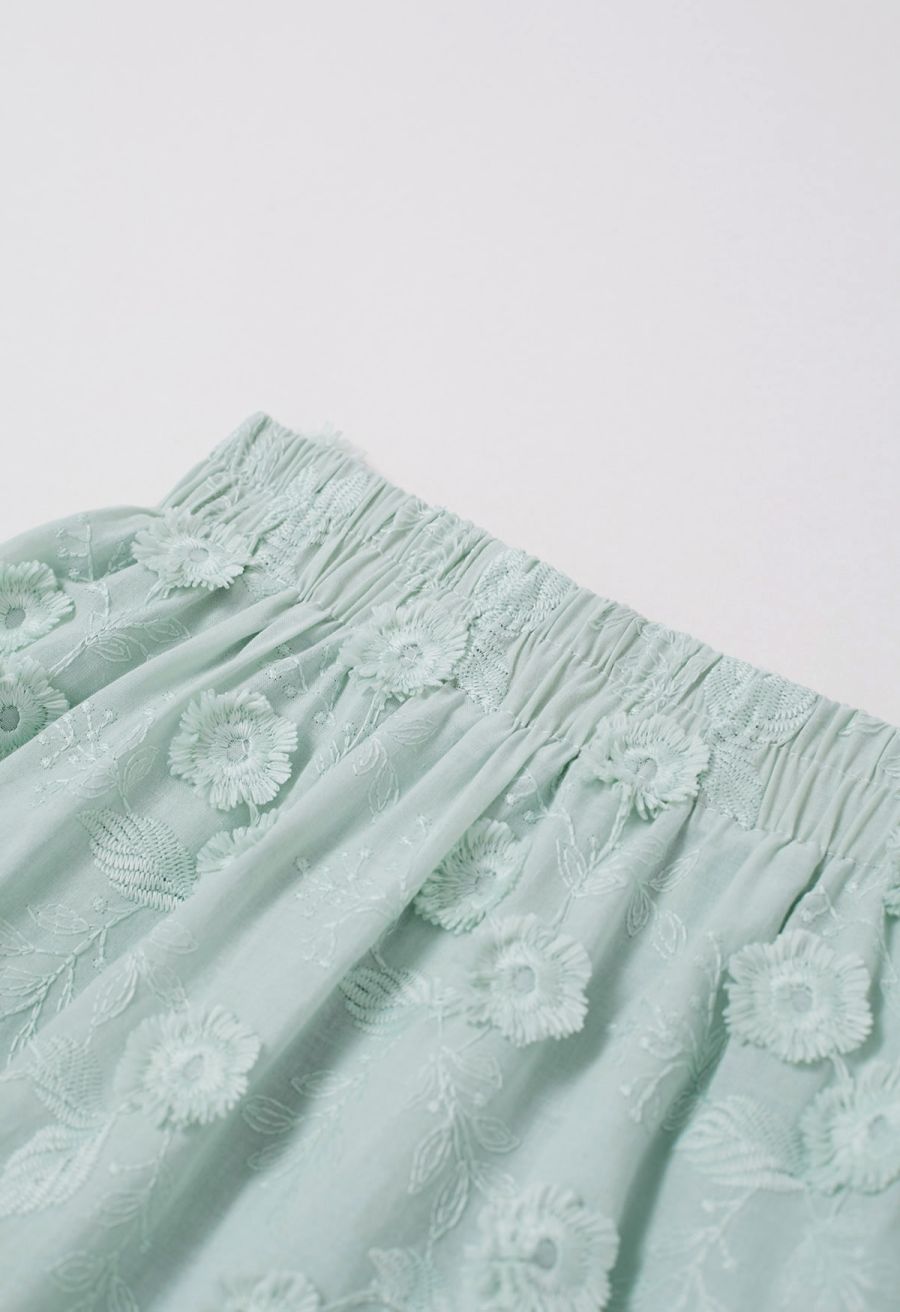 Tasseled Florets Embroidered Midi Skirt in Pea Green