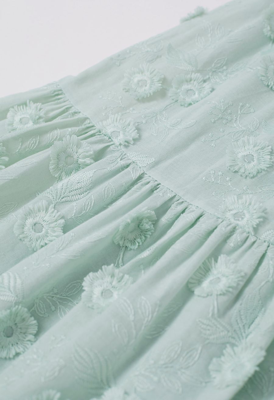 Tasseled Florets Embroidered Midi Skirt in Pea Green