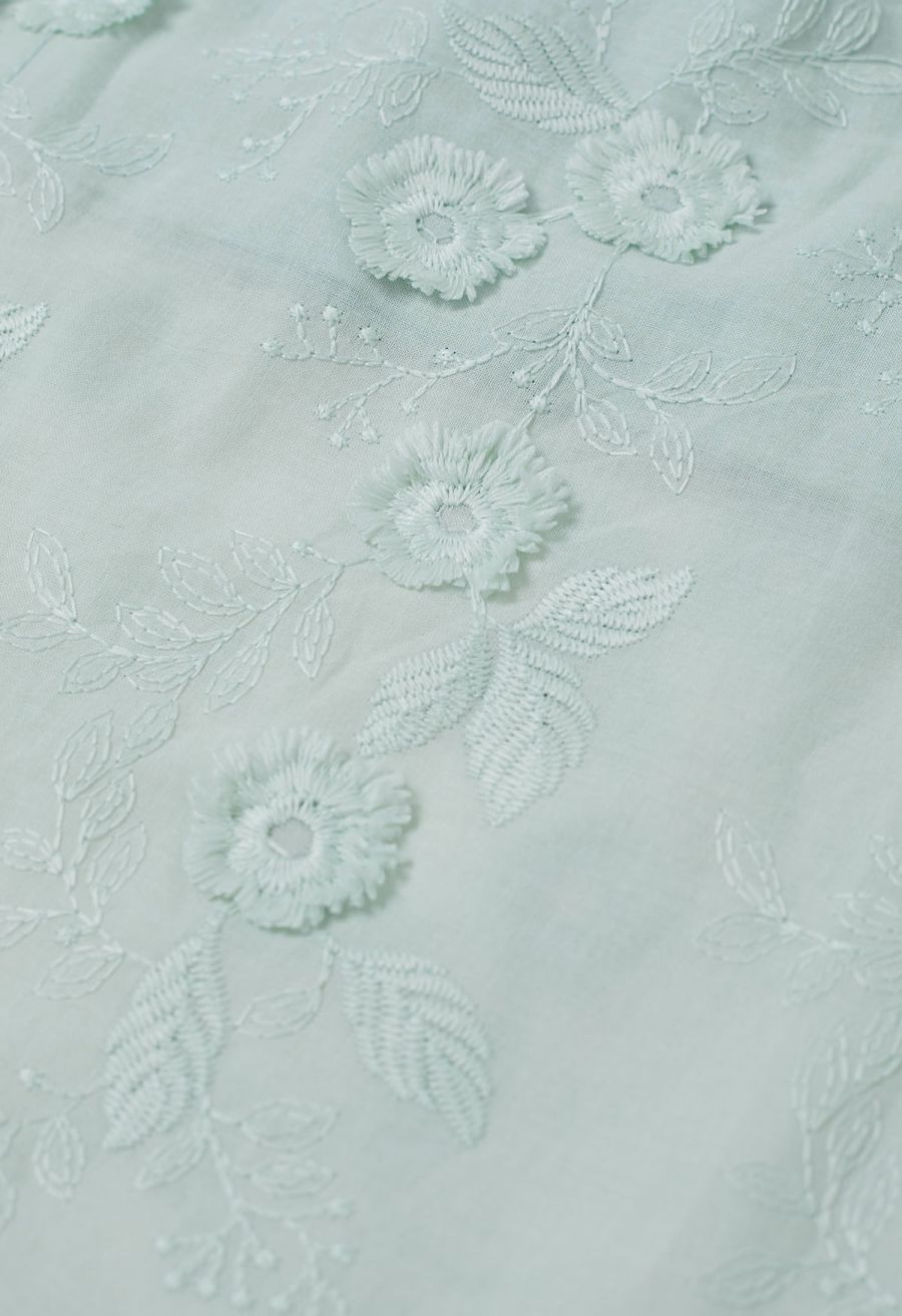Tasseled Florets Embroidered Midi Skirt in Pea Green