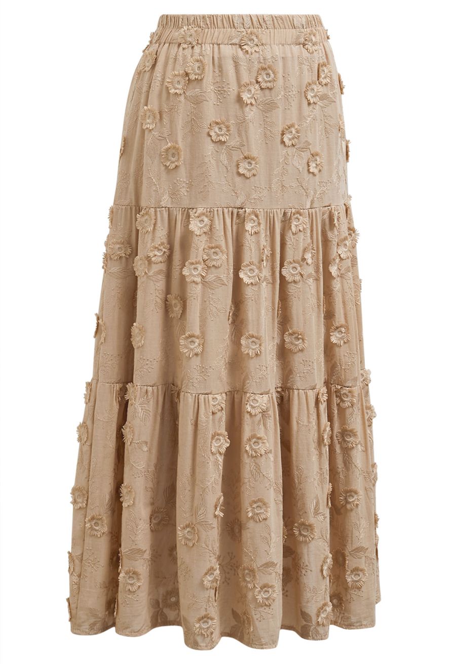 Tasseled Florets Embroidered Midi Skirt in Apricot