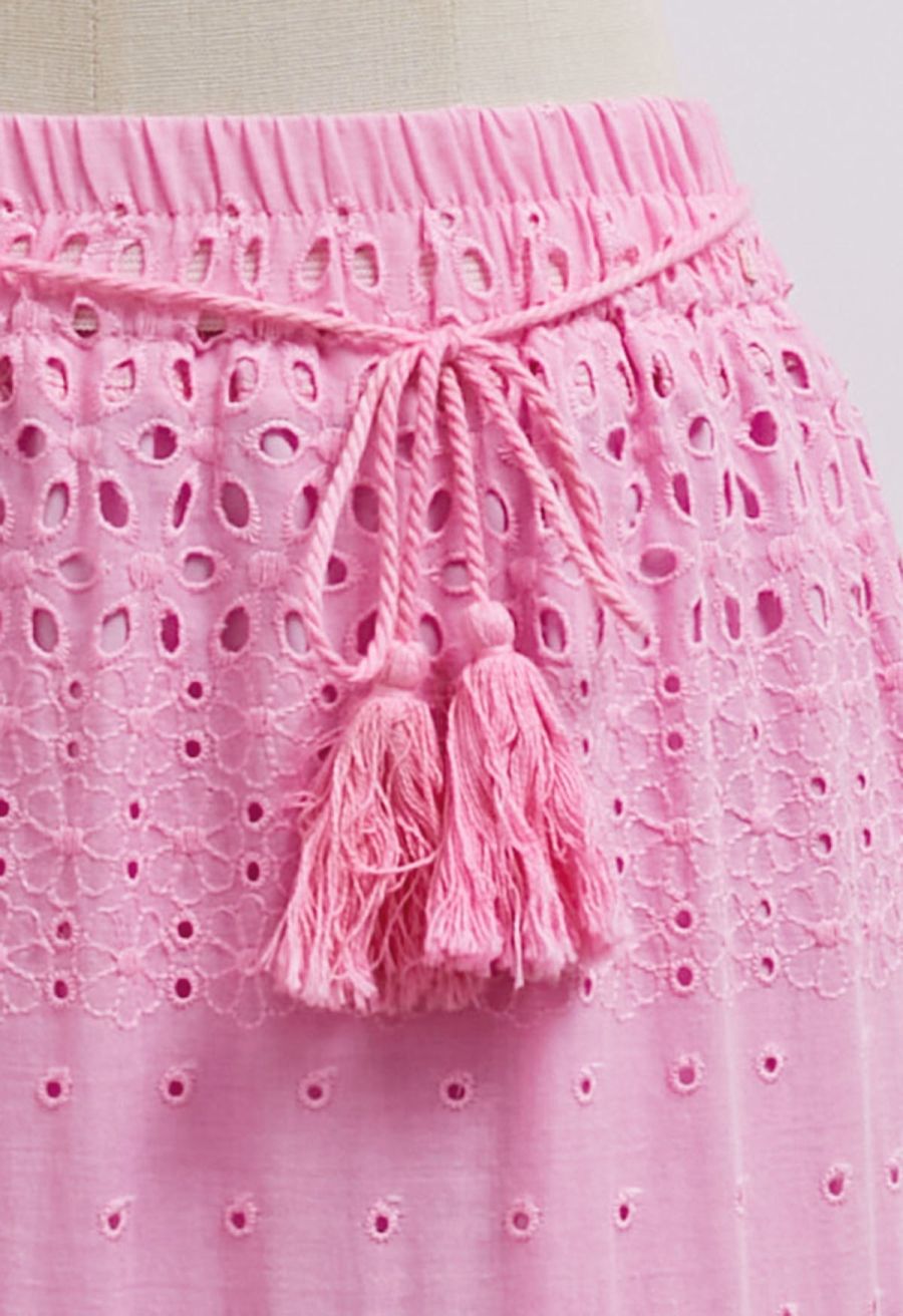 Floret Embroidered Eyelet Cotton Midi Skirt in Hot Pink