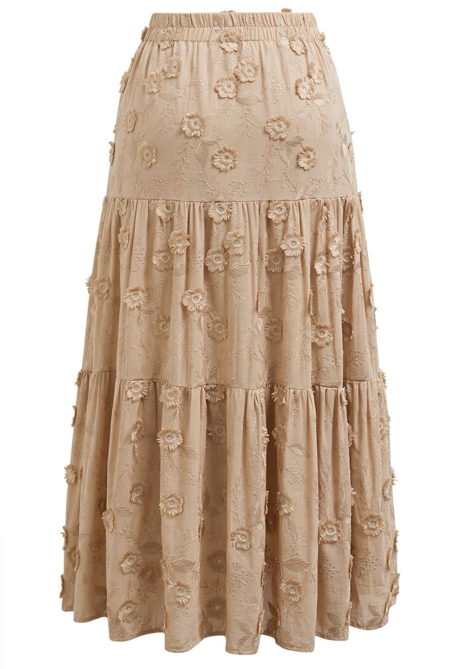 Tasseled Florets Embroidered Midi Skirt in Apricot