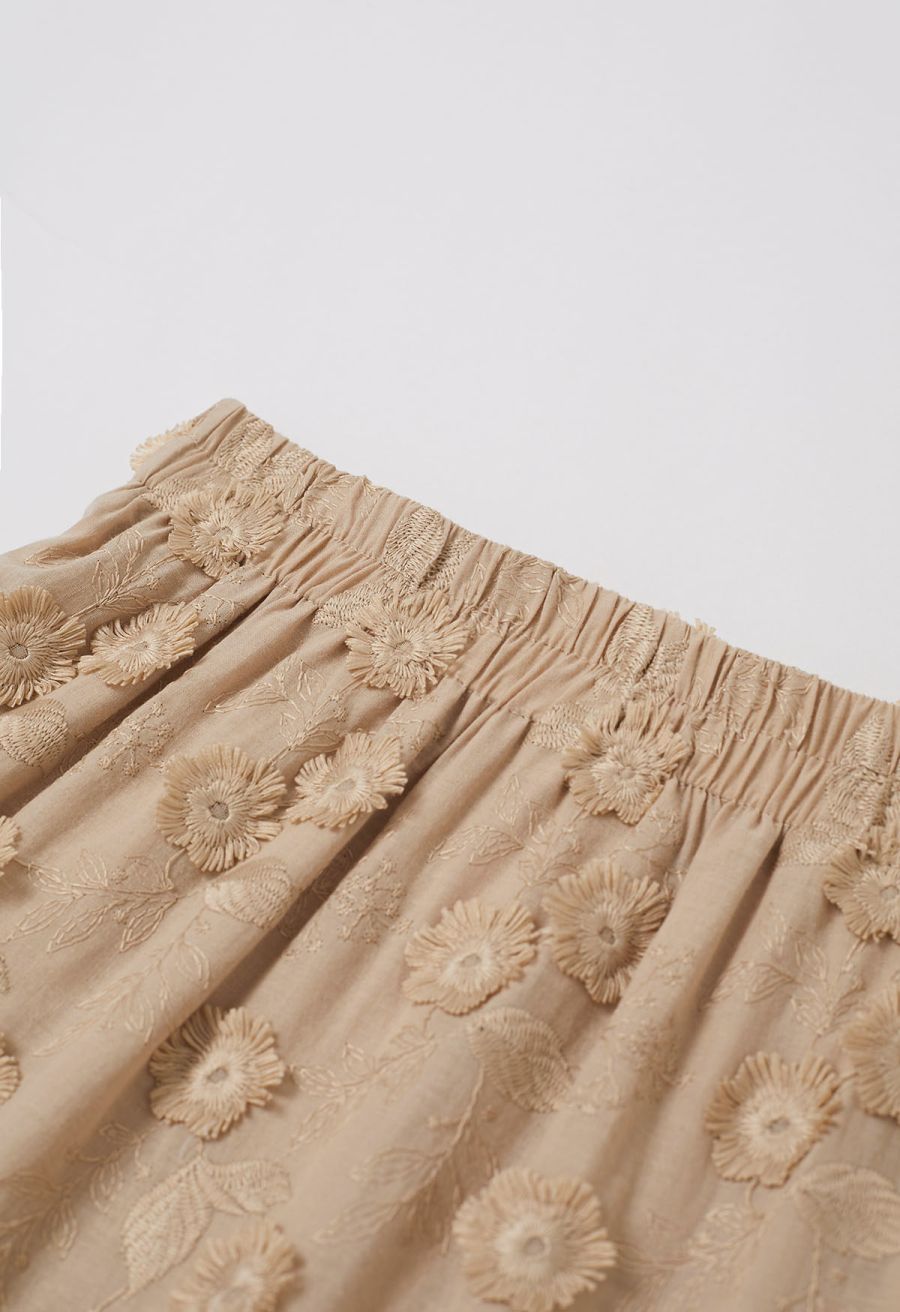 Tasseled Florets Embroidered Midi Skirt in Apricot