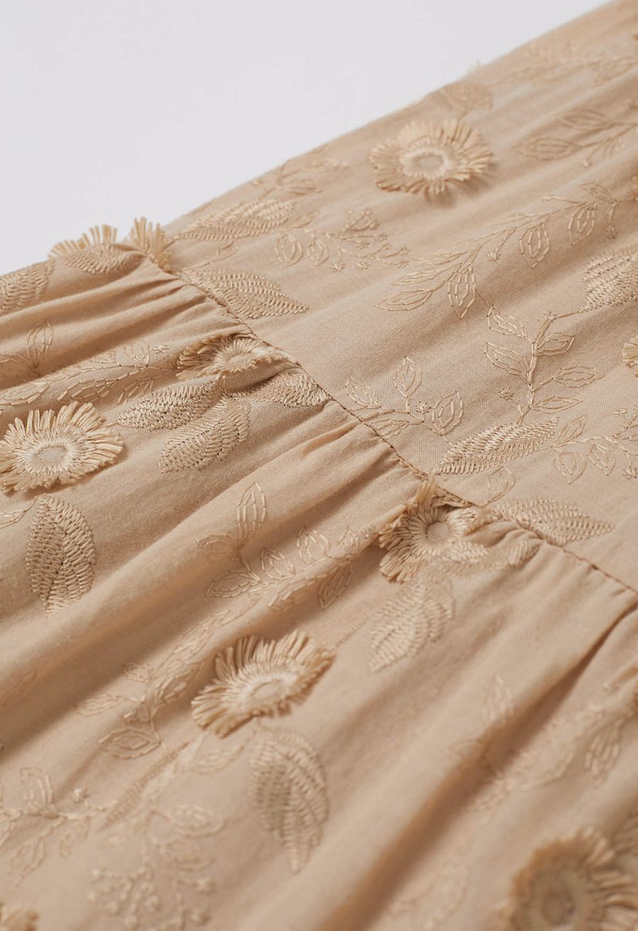 Tasseled Florets Embroidered Midi Skirt in Apricot
