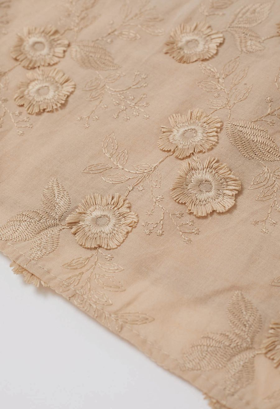 Tasseled Florets Embroidered Midi Skirt in Apricot