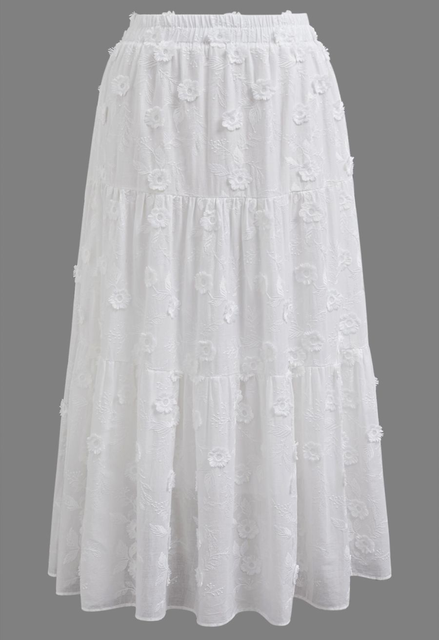 Tasseled Florets Embroidered Midi Skirt in White
