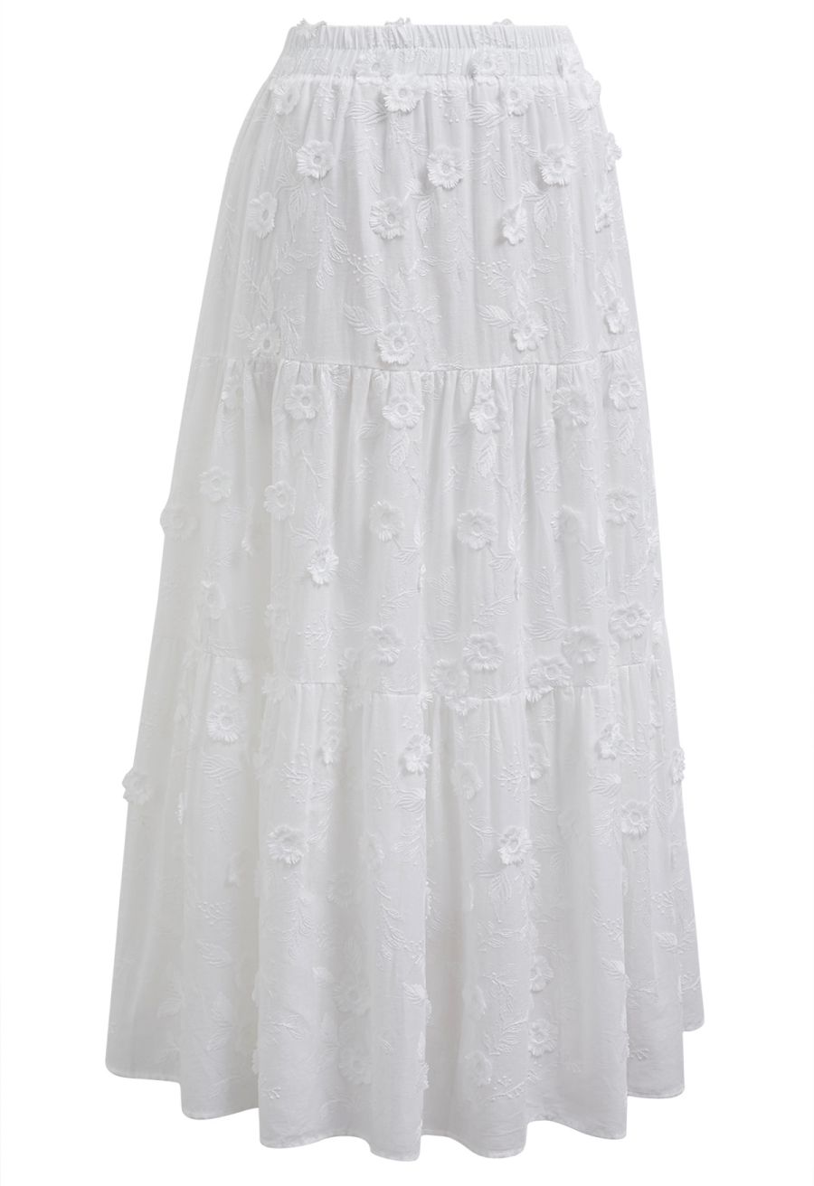 Tasseled Florets Embroidered Midi Skirt in White