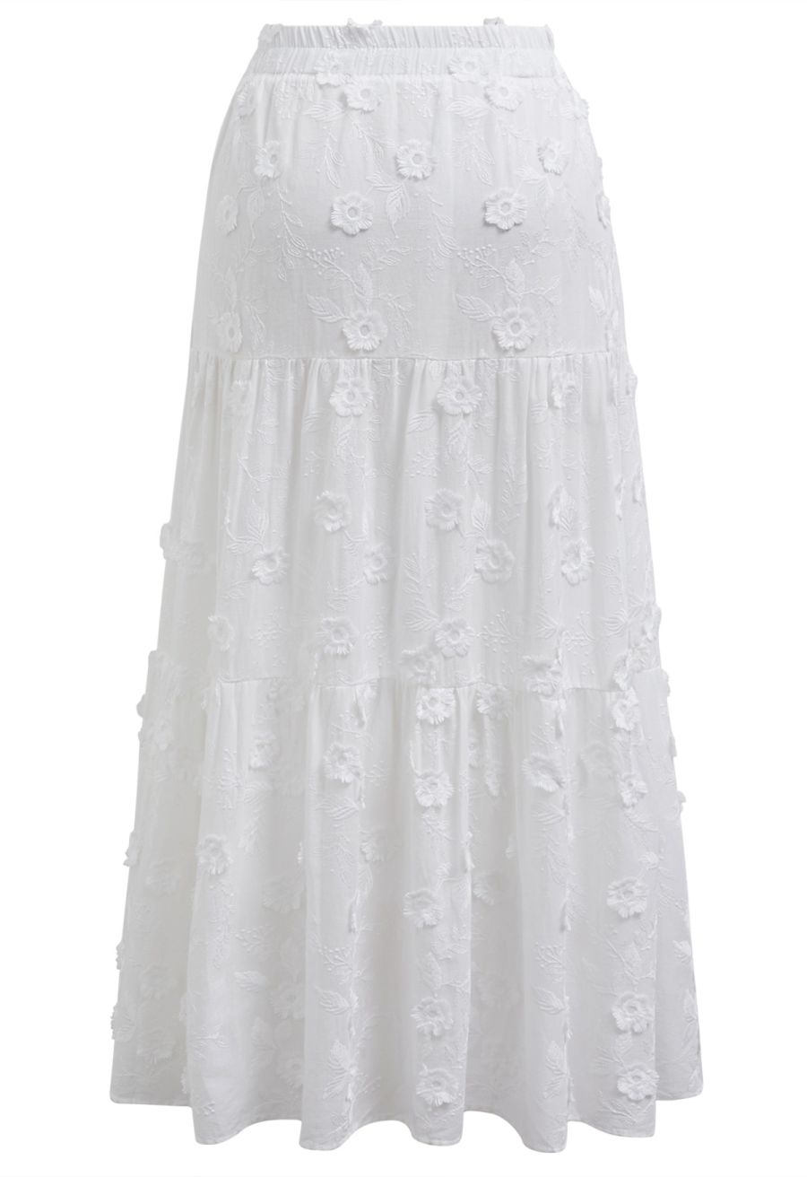 Tasseled Florets Embroidered Midi Skirt in White