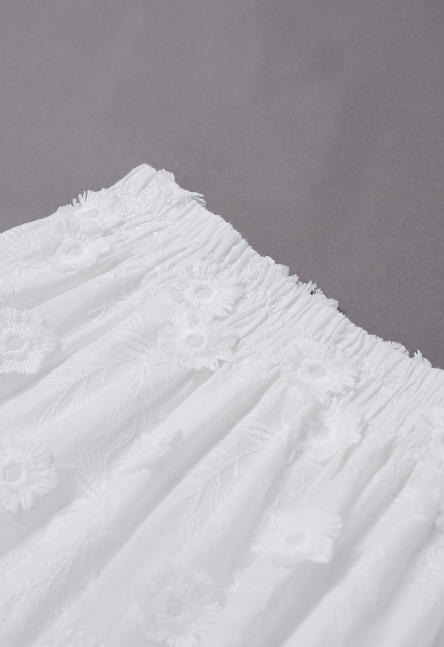 Tasseled Florets Embroidered Midi Skirt in White