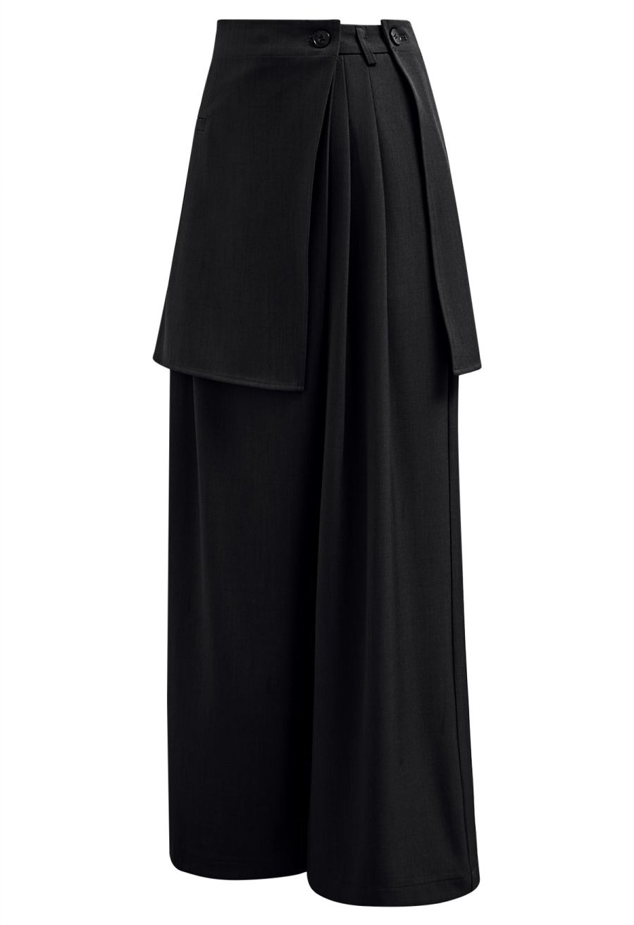 Removable Sarong Pleat Wide-Leg Pants in Black
