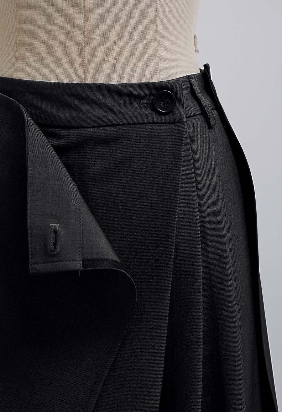 Removable Sarong Pleat Wide-Leg Pants in Black