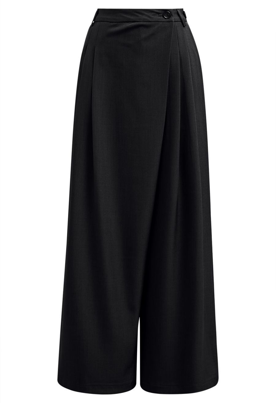 Removable Sarong Pleat Wide-Leg Pants in Black
