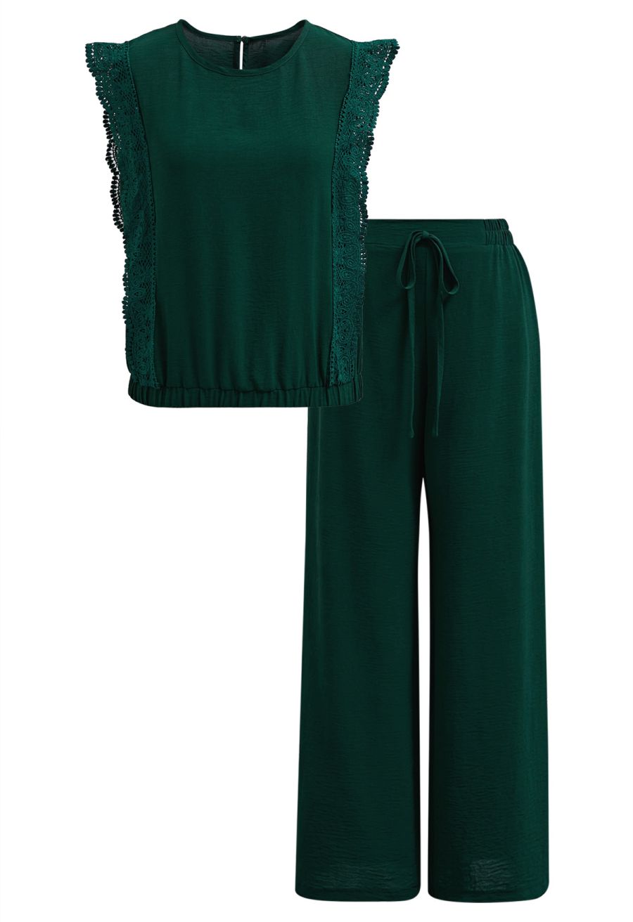 Crochet Sleeveless Top and Drawstring Pants Set in Dark Green