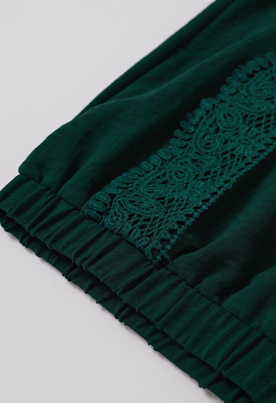 Crochet Sleeveless Top and Drawstring Pants Set in Dark Green