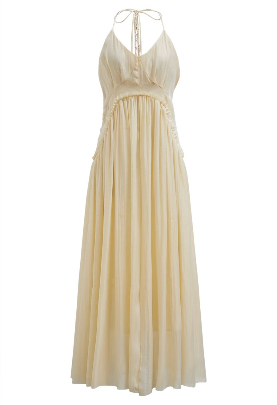 Open Back Ruffle Halter Neck Maxi Dress in Apricot