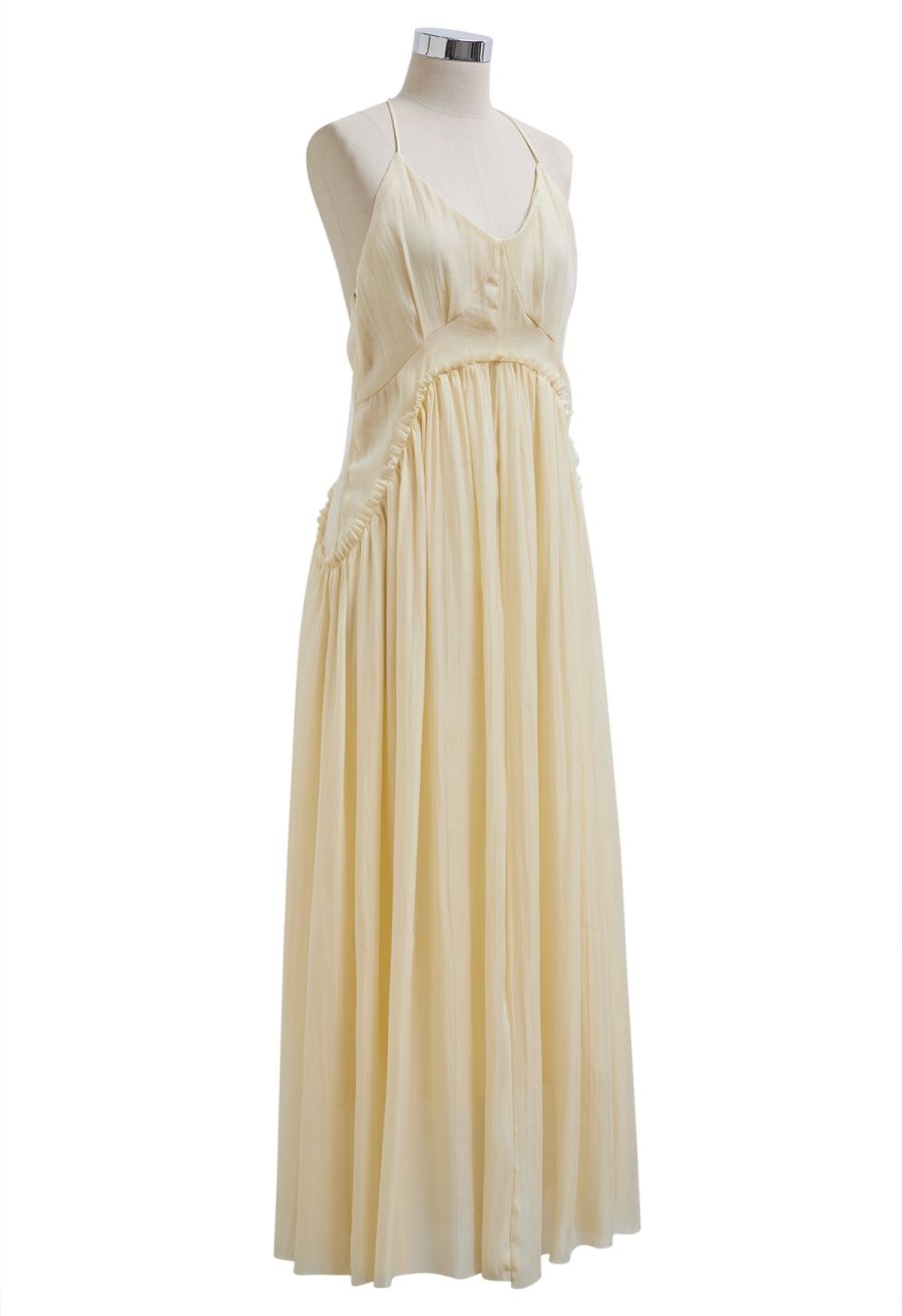 Open Back Ruffle Halter Neck Maxi Dress in Apricot