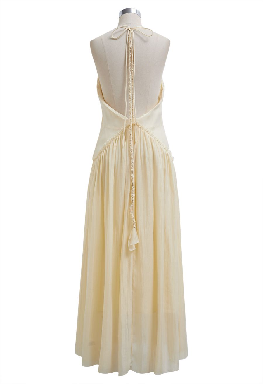 Open Back Ruffle Halter Neck Maxi Dress in Apricot