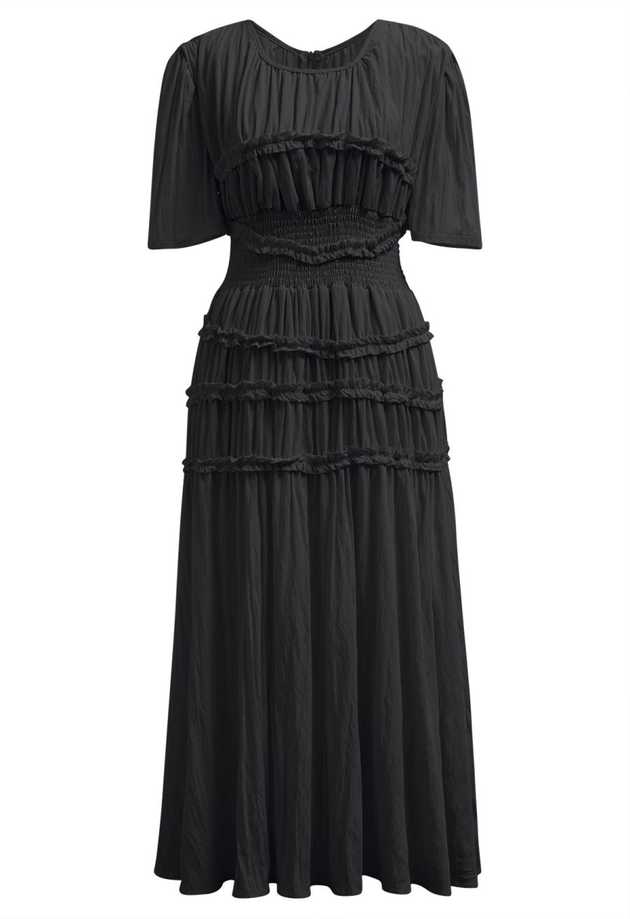 Ruffle Accent Short Sleeve Shirred Maxi Dress in Black