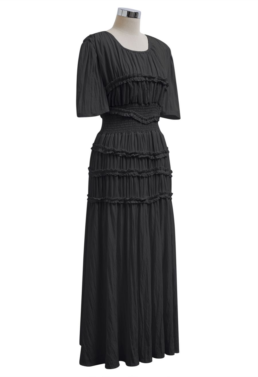 Ruffle Accent Short Sleeve Shirred Maxi Dress in Black