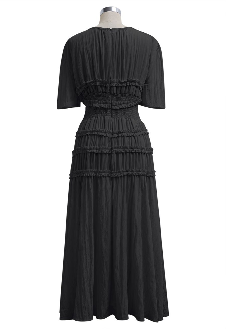 Ruffle Accent Short Sleeve Shirred Maxi Dress in Black
