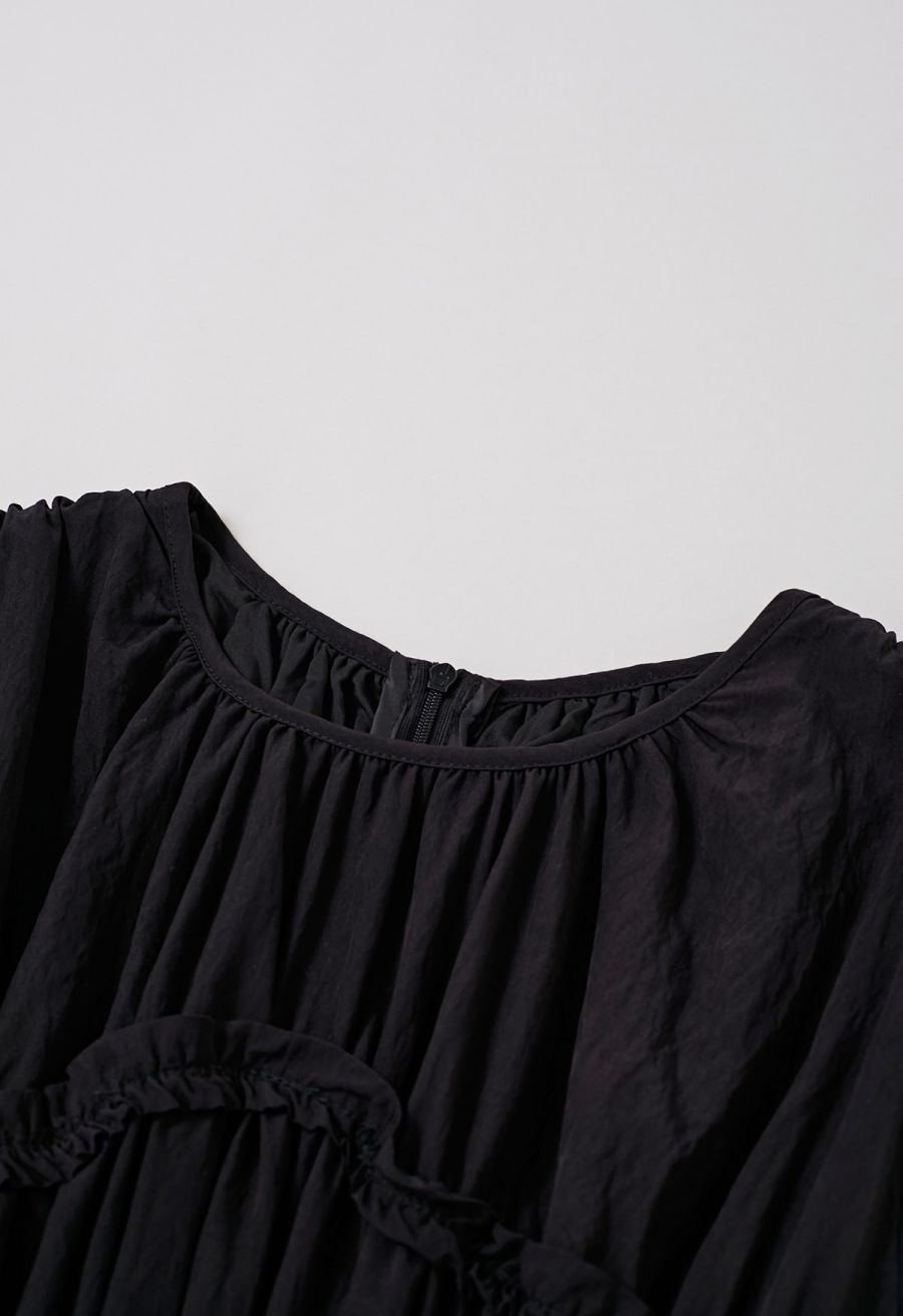 Ruffle Accent Short Sleeve Shirred Maxi Dress in Black